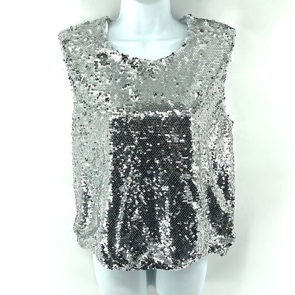 Marc New York silver sequin sleeveless top blouse NEW elastic waist shoulder pad - Picture 1 of 12